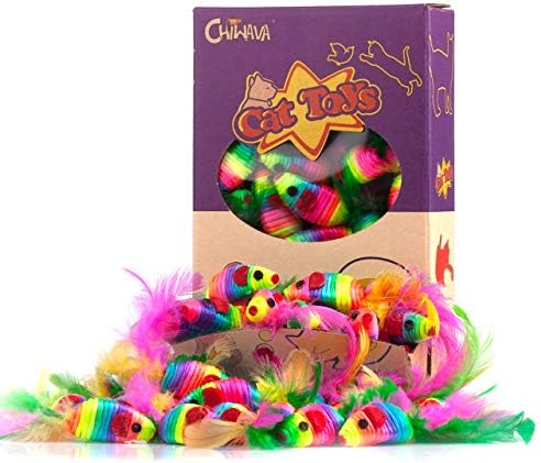CHIWAVA 24PCS 5" Rattle Cat Toys Mice with Feathers Rainbow Rope Mouse