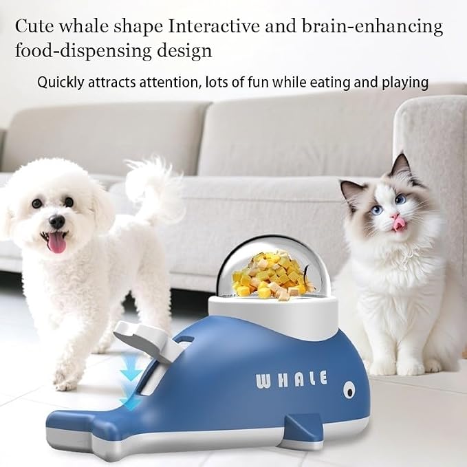 Interactive Dog Treat Dispenser Toy, Whale Shape Puzzle Feeder with Press Button and Rotating Design, White and Blue, Slow Feeding Game for Dogs and Cats