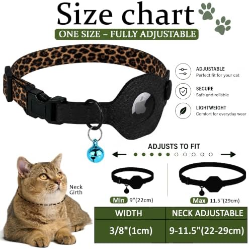 Breakaway Cat Collar with Leather AirTag Holder & Bell - Apple Air Tag Cat Collars for Girls & Boys, Lightweight Anti-Lost GPS Tracker Design, Printed Pattern - Safety and Adjustable (Leopard)