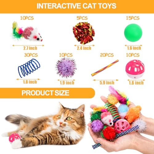 Nicunom 100 Pcs Cat Toys for Indoor Cats and Kittens - Spring, Fur Mice, Crinkle Ball, Sparkle Pom Pom Ball, Bell, Catnip Rope, Variety Cat Interactive Toy Set