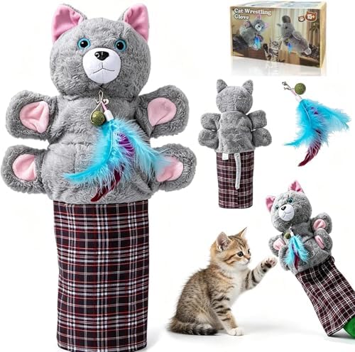 Cat Wrestling Glove with Bell & Catnip, Cats Puppet Wrestler with Tough Padding for Safe Play, Interactive Puppet Toy for Indoor Play, Exercise & Boredom Relief, Family Bonding & Feline Training