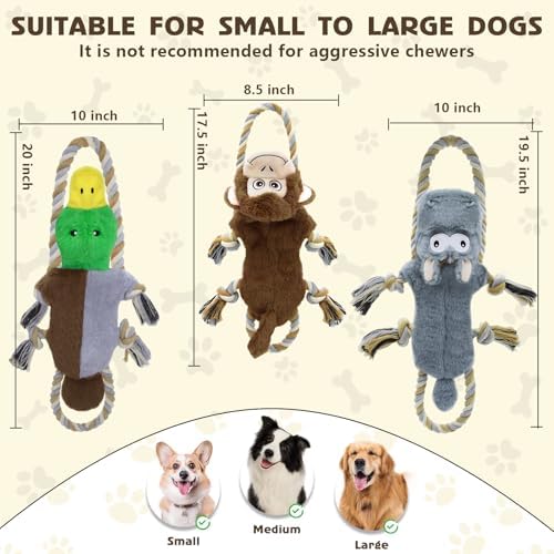 3 Pack No Stuffing Squeaky Dog Toys, Tug of War Dog Toy with Rope