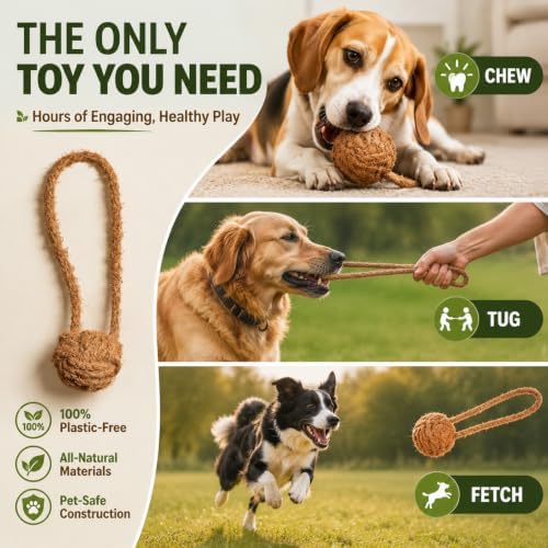 Canophera COCOBall Dog Chew Toy – Natural Coconut Fiber Ball with Cotton Rope, Durable Interactive Chew, Tug & Fetch Toy for Medium, Supports Dental Health & Boredom Relief