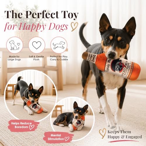 Dog Diggin Designs Captain Muttgan Plush Dog Toy | Luxury-Inspired Parody Captain’s Rum Dog Toy with Squeaker, Soft Plush Novelty Dog Toy – Shaken, Not Stirred!