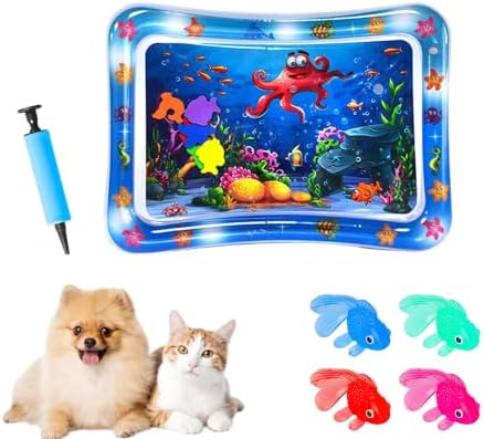 2026 Upgraded Cat Water Mat – 5-Layer Anti-Scratch Leak-Proof Sensory Play Mat for Indoor Cats, BPA-Free Cooling Water Pad, Interactive Enrichment Toy (S6, 65 * 50CM, 4 Fish + Pump Included)