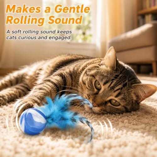 5 Pcs Feather Cat Toy, Cat Toy Balls with Natural Feathers, Feather Chase & Fetch Balls for Indoor Cats, Bouncy Cat Feather Ball Toys, Interactive Silicone Bouncing Balls for Active Kittens, Adult Cat