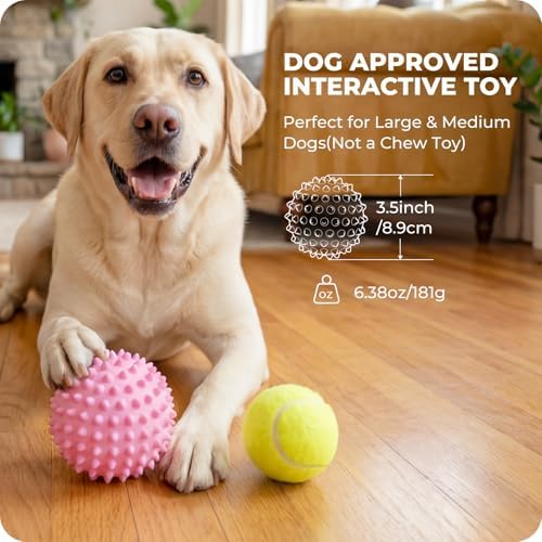 3.5" Durable Squeaky Dog Ball Toy for Puppy Medium Large Dogs(25-80 lbs): Bacon Flavored Pink Spiky Rubber Bouncing Floating Balls for Dogs, Tough Large Outdoor Dog Water Fetch Toys, Dog Gifts