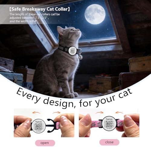 Reflective-Breakaway Cat Collars with Bells with QR Code Name Tag, Cat ID Tag Personalized,Adjustable Small,Ideal for Girl Cats Male Cats Kittens Puppies (Black B,Collar Only)