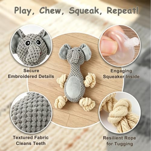 Plush Squeaky Chew Toy for Small Medium Large Dog,(Grey Elephant)