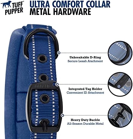 Tuff Pupper Ultra Comfort Padded Dog Collar | Thick Neoprene Padding | Ballistic Nylon Strap Dog Collar with Reflective Stitching | Durable Metal Buckle & Integrated ID Tag Holder | Waterproof Collars