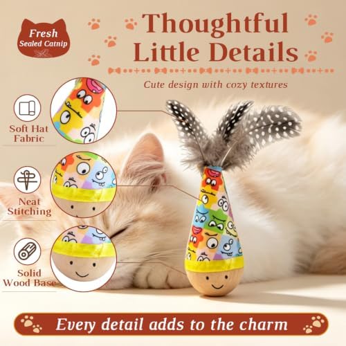 Wooden Interactive Cat Toy, Natural Beechwood Self‑Righting Weeble Toy with Colorful Feathers,Fluffy Plush Wooden Tumbler for Bored Adult Indoor Cats Silent Self Play Cat Enrichment Toy