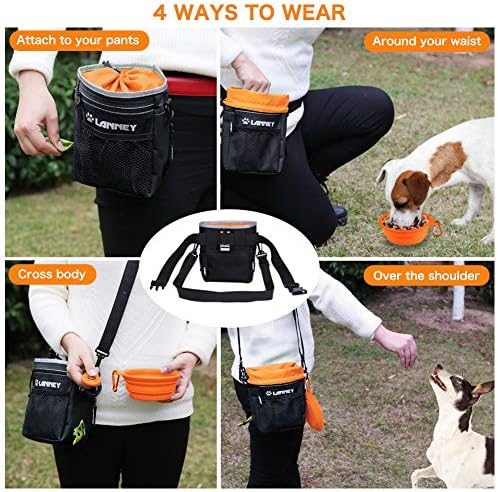 Dog Treat Pouch Pet Training Bag for Small to Large Dogs, Treat Tote Carry Kibble Snacks Toys for Training Reward Walking, Metal Clip, Waist belt, Shoulder Strap, Poop Bag Dispenser, Black with Orange