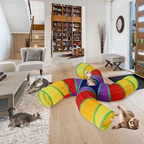 Bemodst S-Type Cat Tunnel, 2 Way/3 Way/4 Way/5 Way Collapsible S-Shape Small Animal Tubes Kitty Tunnels Interactive Maze House Toy with Storage Bag for Kitten Puppy Rabbit Guinea Pig (Rainbow-4 Way)