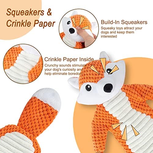 No Stuffing Squeaky Dog Toys Plush Chew Toy for Small Medium Puppy Large Breed, Stuffless Cute Animal Plush Toy for Indoor Play, Tough Durable Teething Interactive Gift, Fox,Red