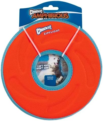 Chuckit! Amphibious ZipFlight Floating and Flying Disc Dog Toy, Medium (8.5"), Assorted Colors (Orange And Blue/Green and Blue)