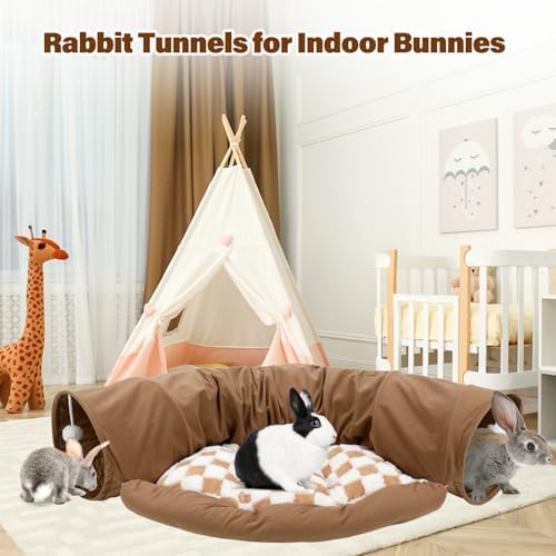 BWOGUE Bunny Tunnel Bed, Collapsible Rabbit Tunnel Hideout with Mat, Coffee