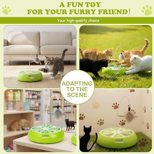Puffluv Interactive Cat Toy,2 in 1Fruite Shape Toys with Electric Moving Concealed and Hanging Feathers Pop and Play Hide Seek, Hunting Tpye-C Rechargeable-Green Lime