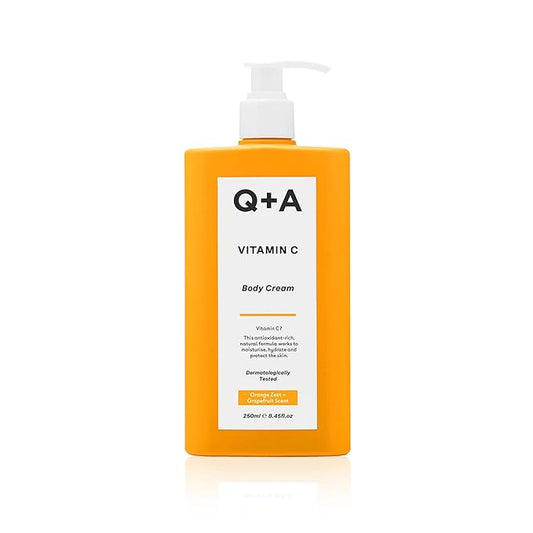 Q+A Vitamin C Body Cream (250ml), Hydrating and Brightening Body Moisturizer for Dry Skin with Shea Butter and Ginger Root Extract, Evens Skin Tone and Boosts Radiance, Natural Skincare