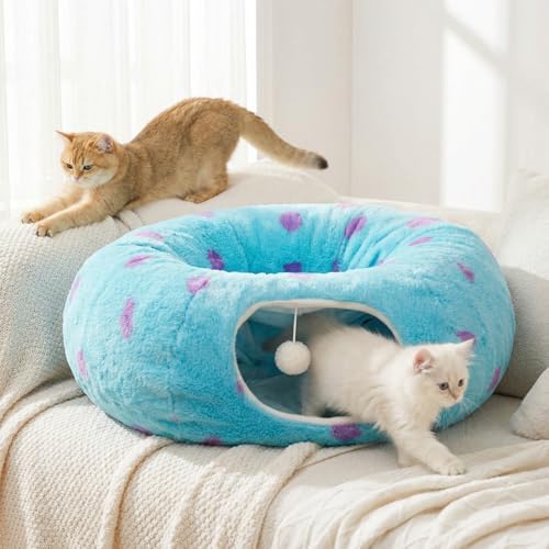 Cat Tunnel Bed for Indoor Cats, Cute Cat Tunnel Toy with Washable Cushion, Fits Cats up to 25 lbs, Peekaboo Cave Pet Bed for Kittens, Rabbits, Blue Purple Donut