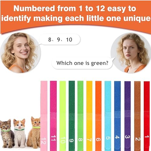 Newborn Puppy Collar Set of 12 with Numbered Tags & Weight Tracker Chart, Soft Adjustable Kitten Collar, Puppy Collars for Litter, Whelping Supplies for Kitten Small Dogs (S/M/L) (S)