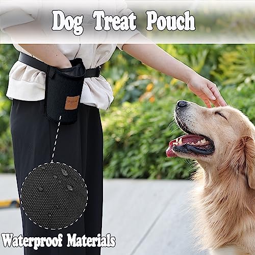 Dog Treat Training Pouch 3 Ways to Wear Elastic Leak-Proof Food Mesh Design Built-in Poop Bag Dispenser Adjustable Multifunctional Shoulder/Waist Bag for Pet Walking and Travel（Black）