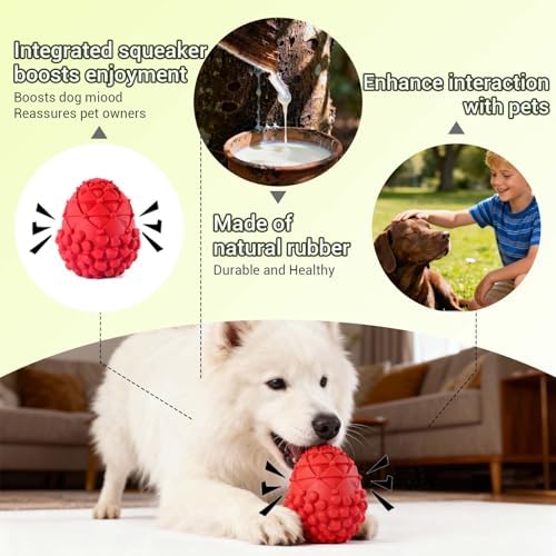 Indestructible Pinecone Squeaky Dog Chew Toys, Tough Natural Rubber Dog Toys for Aggressive Chewers, Medium and Large Breeds,(Red)