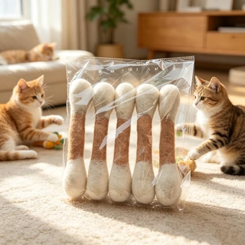 5Pack Wool Swabs Cat Toys with Catnip - Soft Plush Kicker Toys - Interactive Kitty Kick Sticks for Cat - Sturdy Teething Chew Toy (White)