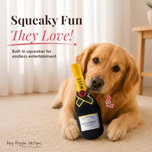 Dog Diggin Designs Mutt & Chandog Champagne Plush Dog Toy – Large | Luxury-Inspired Parody Champagne Bottle Dog Toy with Squeaker, Soft Plush Novelty Dog Toy – Shaken, Not Stirred!