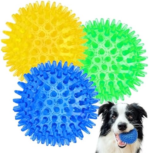 Cutie's PetBox Squeaky Rubber Spike Toy Ball for Medium, Large Dogs, 3-Colors Blue Green Yellow (3.5 Inch, Multi-Pack)