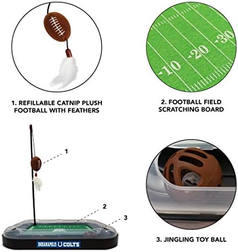 Pets First Cat Catnip Pets First Indianapolis Colts Football Field CAT Scratcher Toy with Catnip Filled Plush Football Toy&Feather Cat Toy Hanging.Jingle Bell Interactive Ball Chasing 5-in-1 Kitty Toy