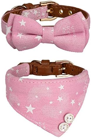 Small Dog Collar Set, 2Pcs Puppy Cat Collar with Bow Tie & Bandana, Durable PU Leather Canvas Tiny Pet Scarf for Small Breed Pets Pink Stars