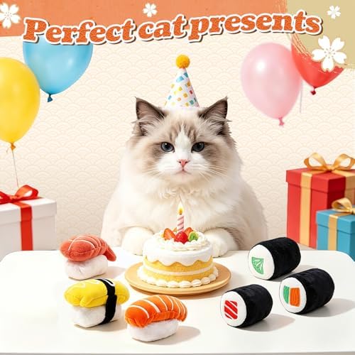 CiyvoLyeen Plush Sushi Catnip Toys for Indoor Cats 6 Pack