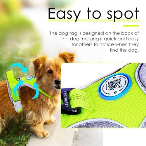 ThinkPet No Pull Harness Breathable Sport Harness with QR Code Dog Tag Reflective Dog Harnesses Smart ID Tagwith Handle Adjustable for Medium Large Dogs Back/Front Clip for Easy Control S Green