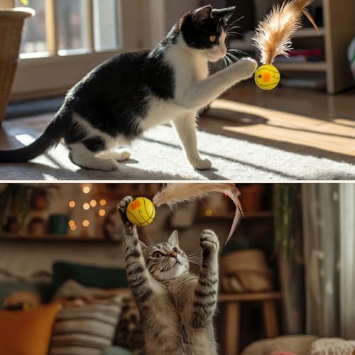 Teyva 32 Pcs Cat Bouncy Ball Toys with Natural Feathers, Interactive