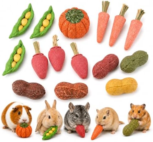HERCOCCI 15Pcs Guinea Pig Chew Toys, Hamster Toys Prevent Excessive Teeth Growth Natural Vegetables Carrot & Timothy Grass for Guinea Pig Rabbit Chinchillas Gerbil