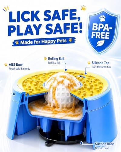 Interactive Slow Feeder Dog Bowl with Rolling Lick Ball for Liquid Treats