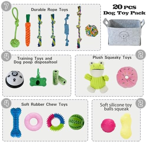 MRSOHRET 20Pcs Puppy Chew Toys for Teething, Dog Chew Toys with Rope Toys, Pet Dog Toothbrush, Treat Balls, Plush Toys and Squeaky Toy for Small Medium Dogs with Basket