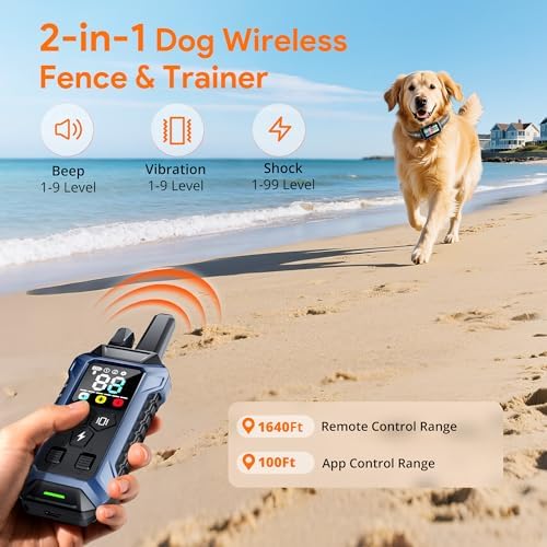 Meowant GPS Wireless Dog Fence & Dog Training Collar with Remote & Free APP, 82-7000ft Adjustable Range Electric Fence, 3 Training Modes, Waterproof LCD Collar for Dogs 10 Lbs+ Outdoor,Blue