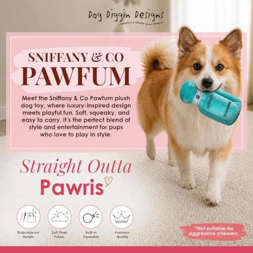 Dog Diggin Designs Sniffany & Co Pawfum Plush Dog Toy Bottle | Luxury-Inspired Parody Perfume Bottle with Built-in Squeaker, Soft Plush Fashion Dog Toy – Prêt-à-Porter Playtime Essential