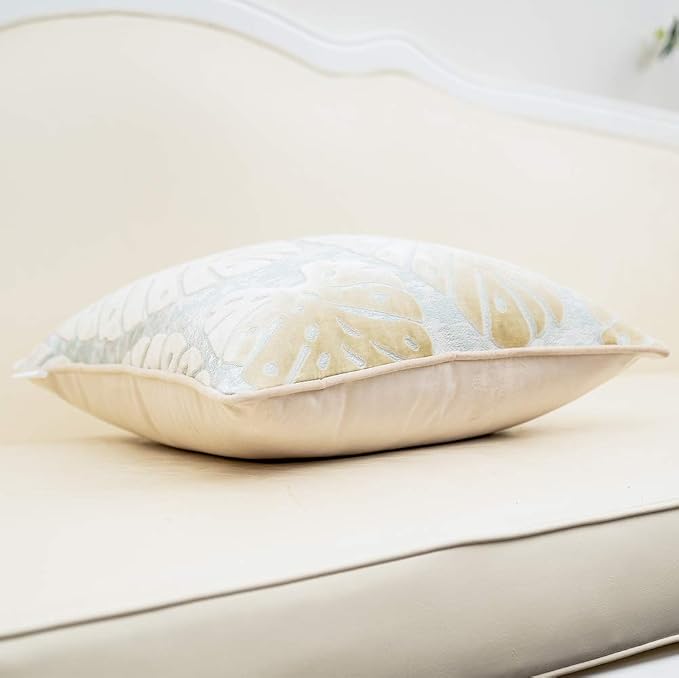 Alerfa 18 x 18 Inch Square Leaf Pillow Embroidery Cut Velvet Cushion Case Luxury Modern Lumbar Throw Pillow Cover Decorative Pillow for Couch Sofa Living Room Bedroom Car, Beige