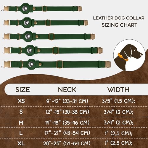 AirTag Dog Collar - Genuine Leather Dog Collar with Apple AirTag Holder and Metal Buckle - Smart GPS Tracking Pet Collars (Dark Green, XS, 9"-12" Neck Fit)