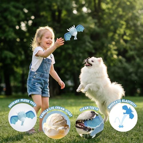 Interactive Dog Squeaky Toys, Indestructible Chew Toys Built-in Vanilla Ice Cream Flavored Ball, Puppy Plush Toys for Small Medium Chewers to Keep Them Busy - Blue Bat
