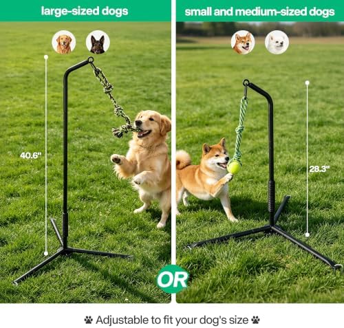 PAWISE Tether Tug Dog Toy for Yard with 2 Accessories (Tug Rope & Ball), Outdoor Spring Pole Adjustable Height 28.3"-40.6", Self Play Interactive Toy for Small Medium Large Dogs
