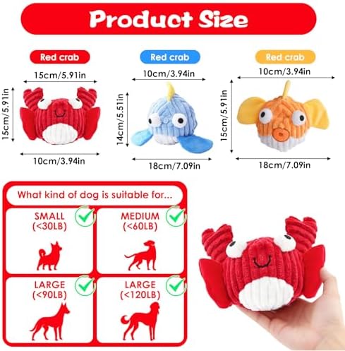 Squeak Dog Toys for Aggressive Chewers, No Stuffing Squeak Dog Chew Toys for Aggressive Chewers, Interactive Dog Toy Ball with Crinkle Paper for Medium Dogs, Large & Small Breeds (D-Crab+Whale)