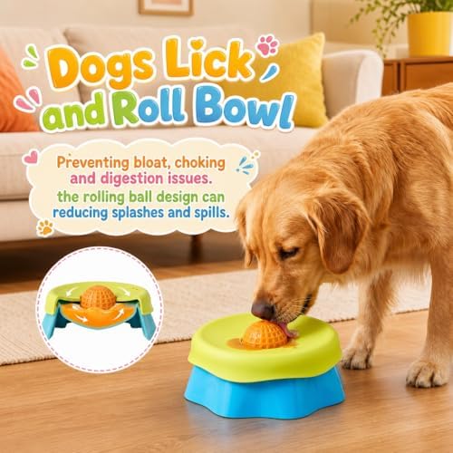 Dog Licking Bowl with Rolling Ball for Liquid Treats, Anti Slip Slow Feeder Dog Bowls with Ice Ball Mold & Clean Brush, Enrichment Puzzle Toy for Small and Medium Dogs