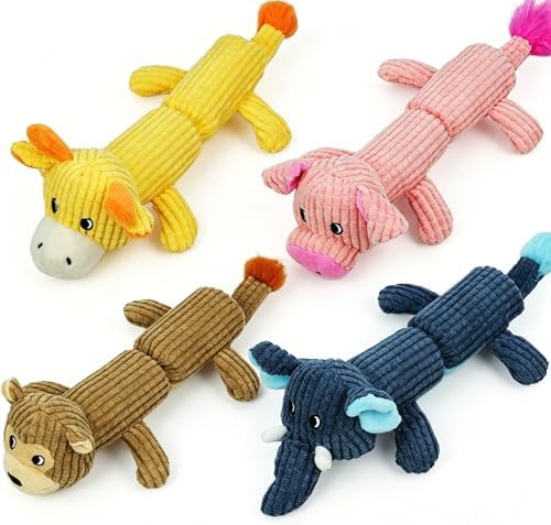 4 Pack Squeaky Dog Toy No Stuffing with 2 Squeaker Body, Plush Animal Interactive Chew Dog Toy for Small Medium Large Dogs