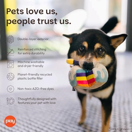 P.L.A.Y. Cute Plush Dog Toys - Birthday Party Celebration Themed Durable Squeaker Chew Toy, for Puppies & Small, Medium, Large Dogs - Machine Washable, Recycled Material (Bone-appetite Cake, X-Small)