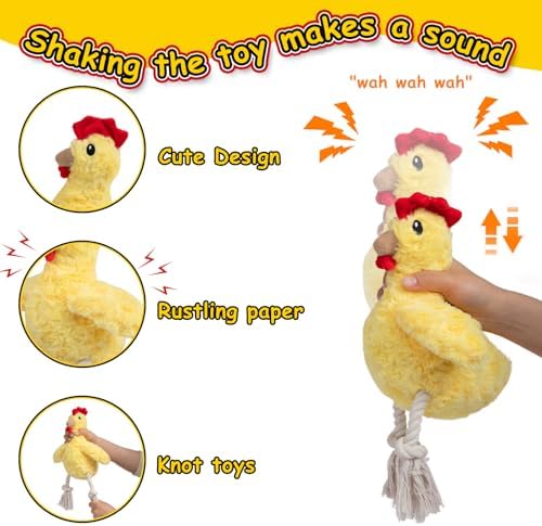 Hollypet Plush Dog Squeaky Toys Interactive Shaking and Sound-Making Toy with Rope & Crinkle Paper for Small Medium Large All Breed Sizes Dogs, Puppy Teeth Clean Chew Toys, Chicken