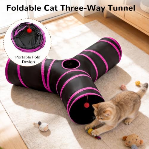 Tempcore Cat Tunnel, 3-Way Collapsible Toy, Large Size Black & Rose Red