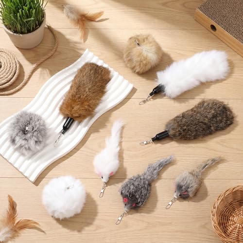 18 Pack Natural Rabbit Fur Cat Toy Refills, Mouse Tail Fur Ball Shaped Cat Toys, Interactive Cats Wand Toy Replacement Head with Secure Connector(Mouse,Tail, Pom Pom)